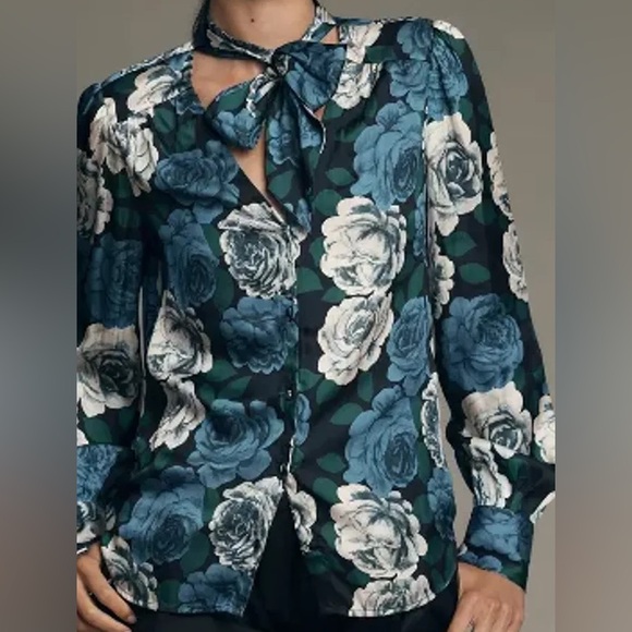 New Paige x Anthropologie Cleobelle Scarf Lg Blue Black Floral Silky Buttondown - Picture 3 of 14